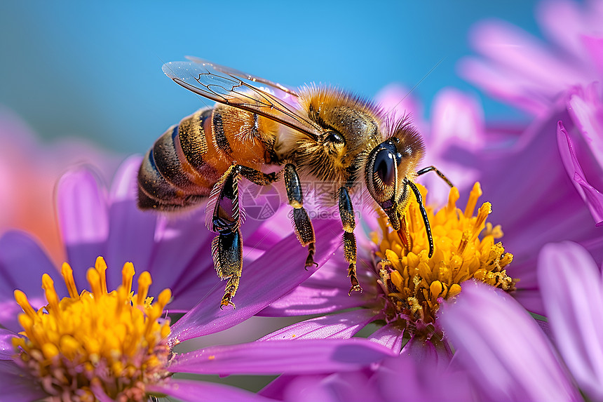 蜜蜂停在紫雏菊上图片