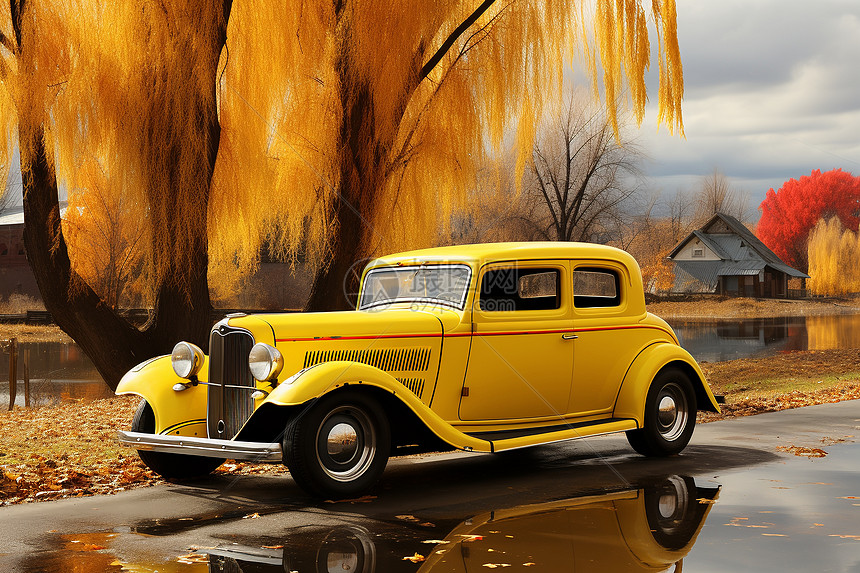 树下的黄色汽车图片