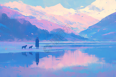 湖光山色人与狗的宁静漫步高清图片