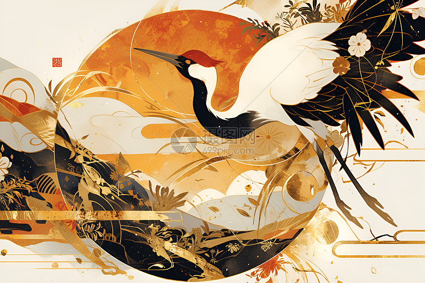 红冠鹤与金箔图片