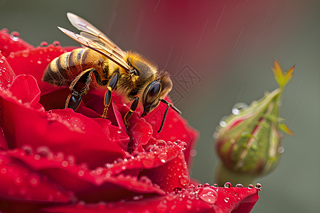 露珠中的蜜蜂背景图片
