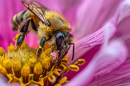 蜜蜂采集花粉的近景图片