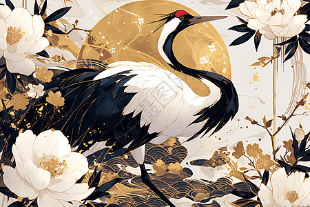 金箔线条的红冠鹤图片