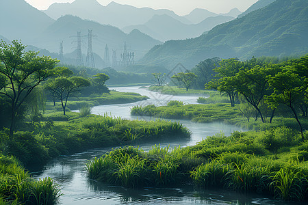 草地河流河流蜿蜒在山谷间背景