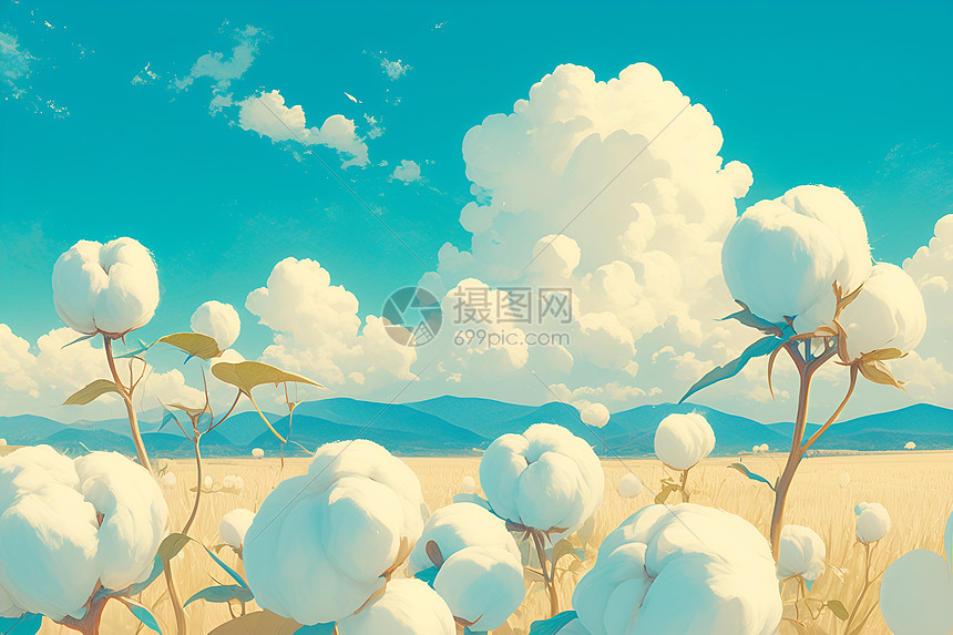蓝天白云的棉花图片