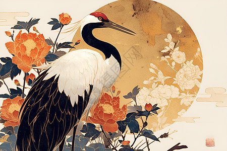 红冠鹤舞于花间图片