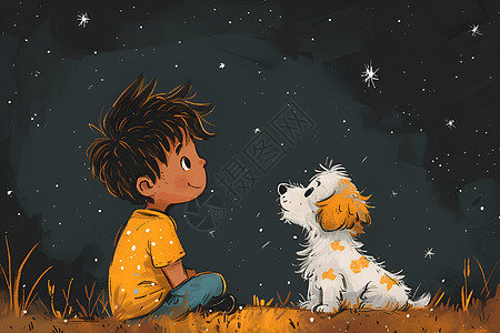 星空下的男孩与狗狗图片
