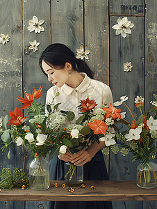 花束插画花艺装饰女子背景