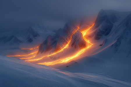 积雪山谷间的火光背景