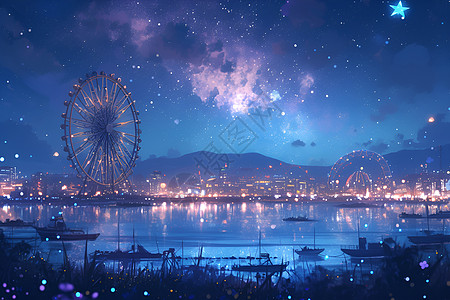 夜幕下的摩天轮城市背景图片