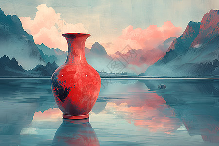 湖光山色中的红色花瓶图片