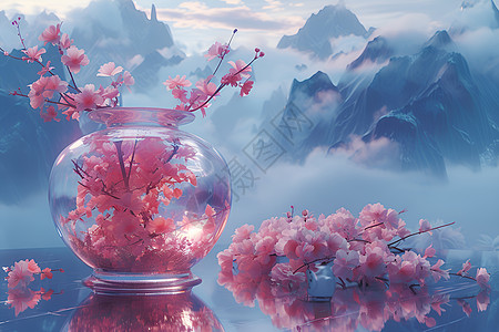 粉色花瓶与背景山脉图片