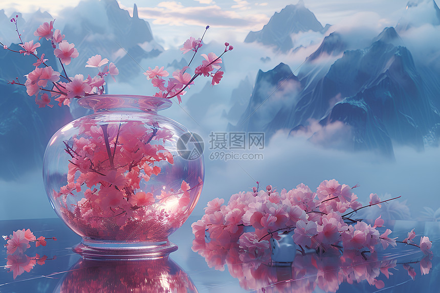 粉色花瓶与背景山脉图片
