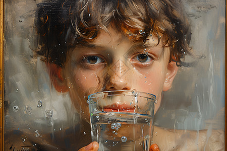 一个小男孩喝水图片