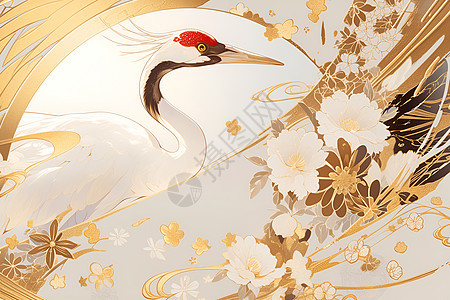 红冠鹤的金箔画卷图片