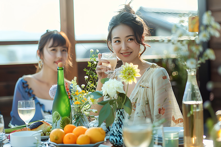 手持饮品的两位女士图片