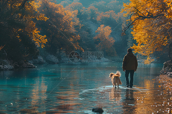 在河边散步的人与狗图片
