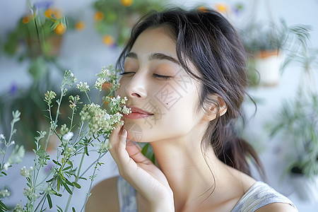 花艺花香四溢中少女嗅着一朵花背景