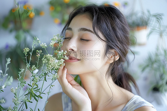 花香四溢中少女嗅着一朵花图片