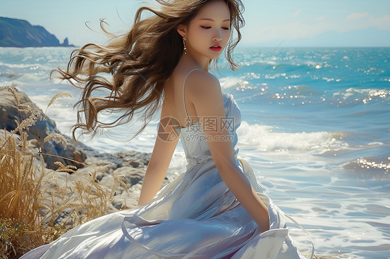 海边仙女白裙飘逸图片