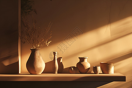 阳光照耀下的花瓶瓷器图片