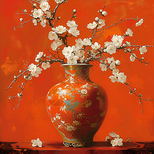 深橘色花瓶中的白梅绽放图片