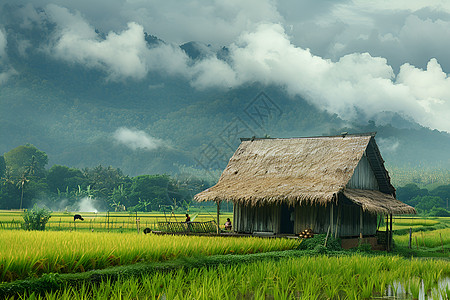 稻田中央的小破屋背景