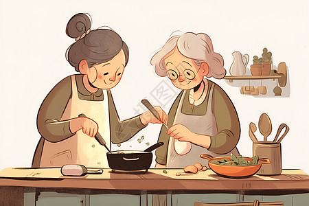 两位奶奶在厨房里烹饪图片