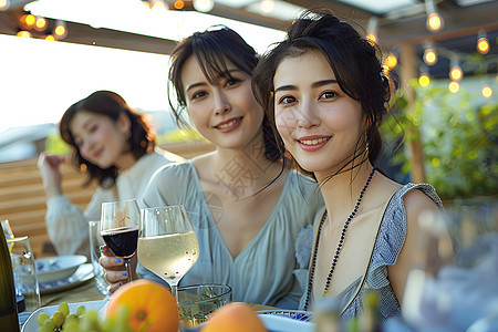 三女子与酒水共欢图片