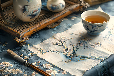 茶杯下的国画背景图片