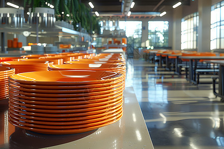 学生餐厅中的橙色盘子图片