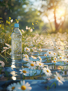 蓝色小溪的雏菊和瓶子图片
