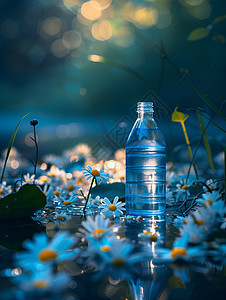 清静的水瓶和漂浮着的雏菊图片