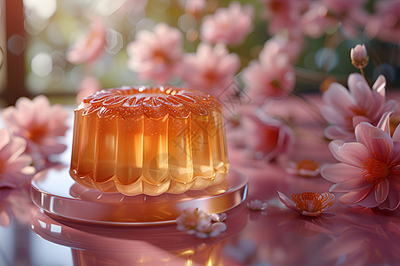 粉色花朵中间的月饼背景图片
