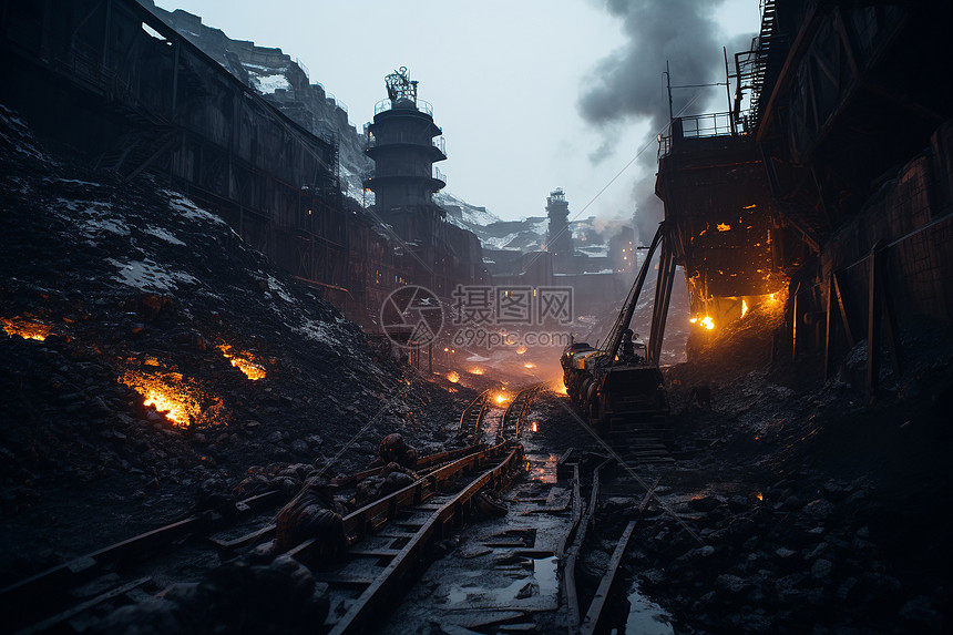 火车轨道旁的废墟城镇图片