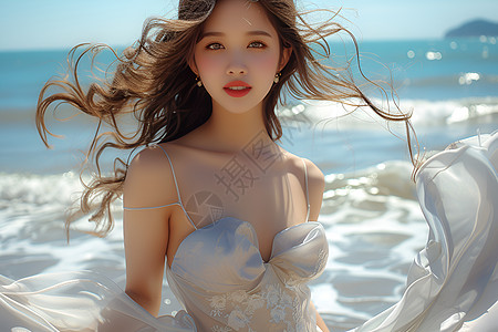 海边写真靓丽的白裙少女在海边微笑背景