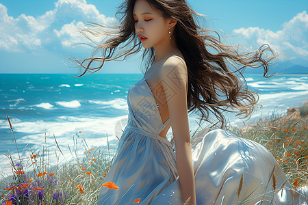 时尚美女写真海风拂动着长发女孩背景