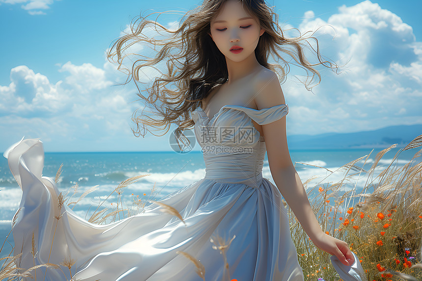 海风拂过白裙少女图片