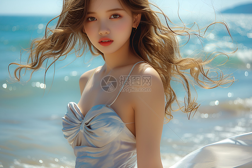 海水倒流的海边美少女图片