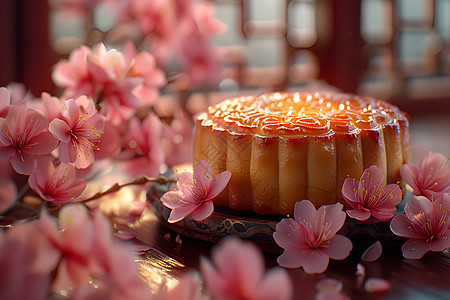 月饼和桃花背景图片