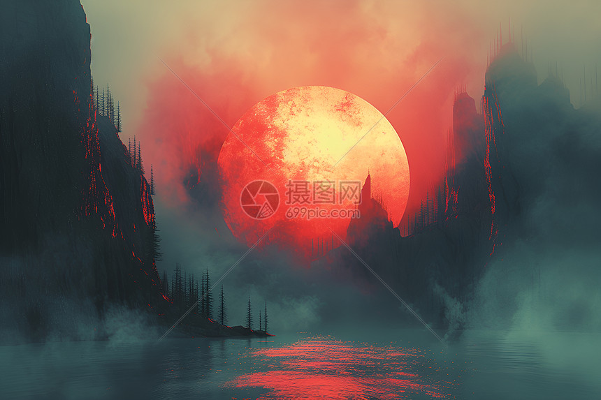 夕阳山水幻景图片