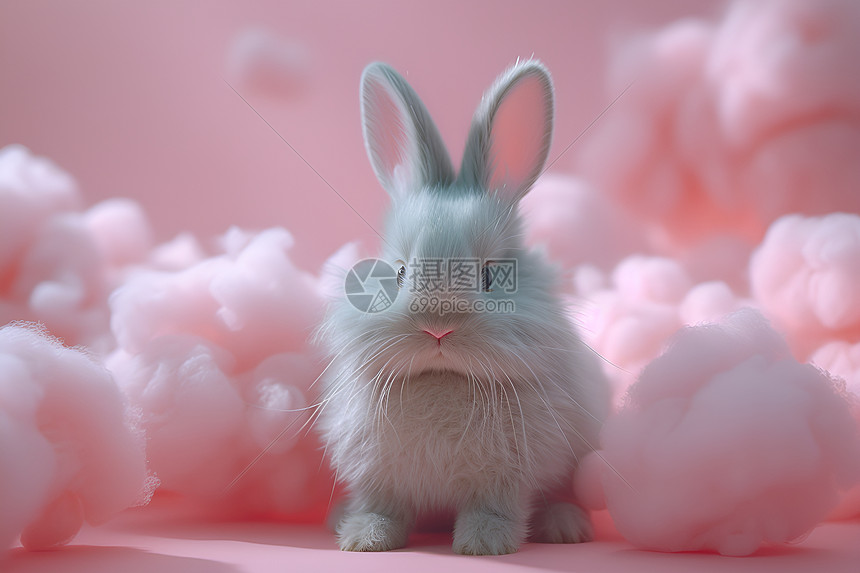 一只白兔在粉色背景前图片