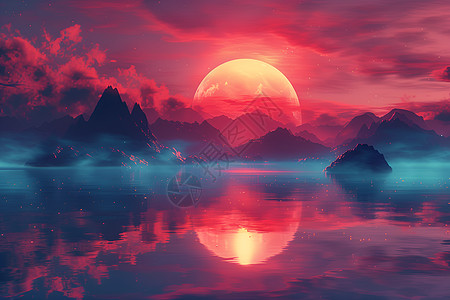 水中倒映红蓝夕阳图片