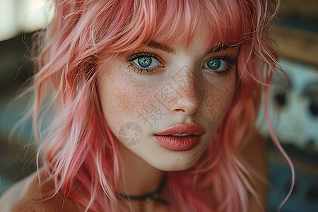 粉色头发和雀斑女子图片