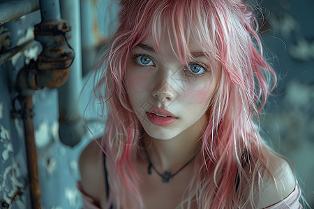 粉色头发的女模特在废弃的工业场景图片