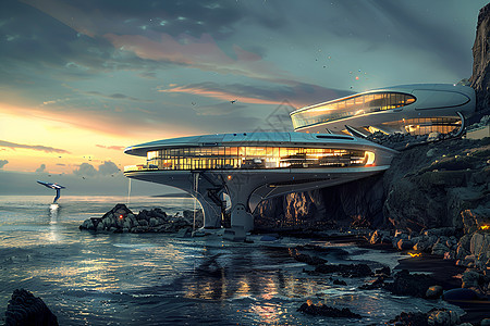 海边峭壁上的未来建筑图片