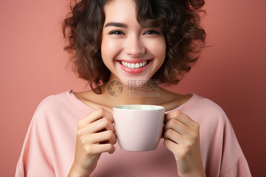 女士微笑拿着咖啡杯图片
