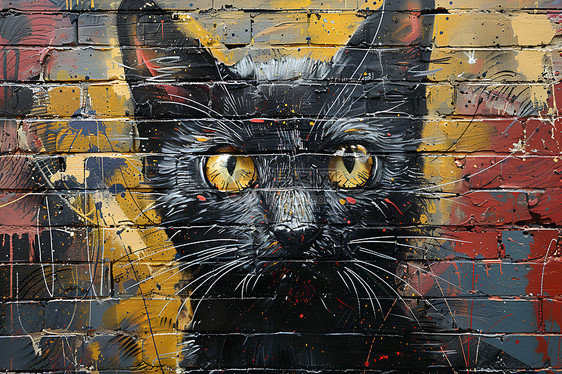 墙壁上绘画的黑猫图片