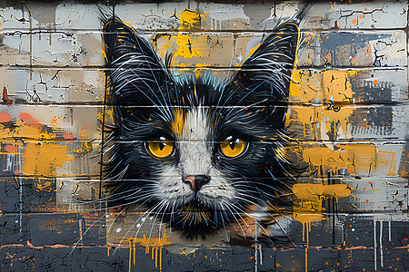砖墙上绘画的猫咪图片
