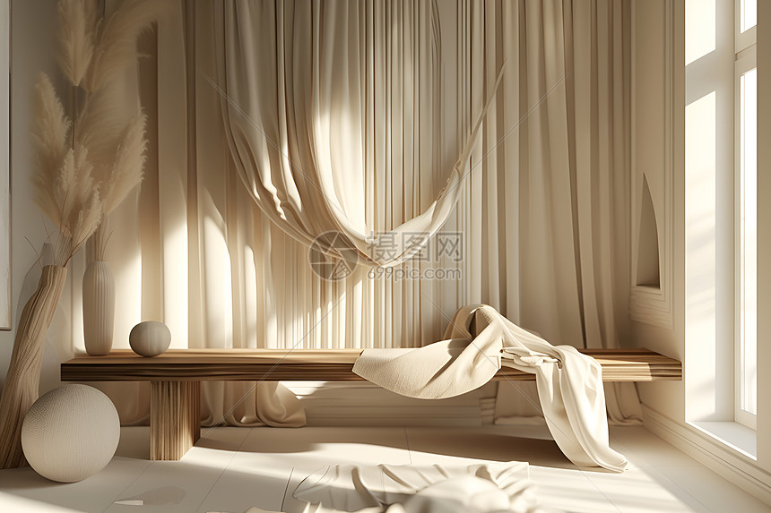 房间内的窗帘和木质长椅图片